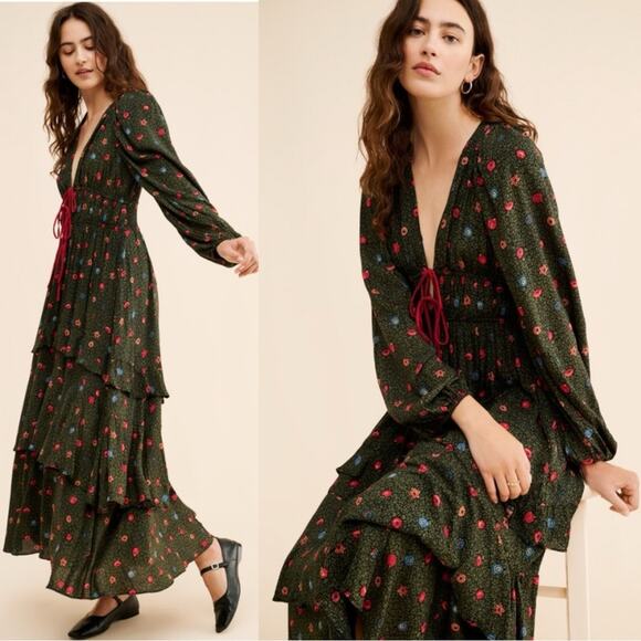 Free People Bohemian Gypsy Tiered Ruffle Maxi Dress Small Witchy Plunge Fall - Picture 1 of 13